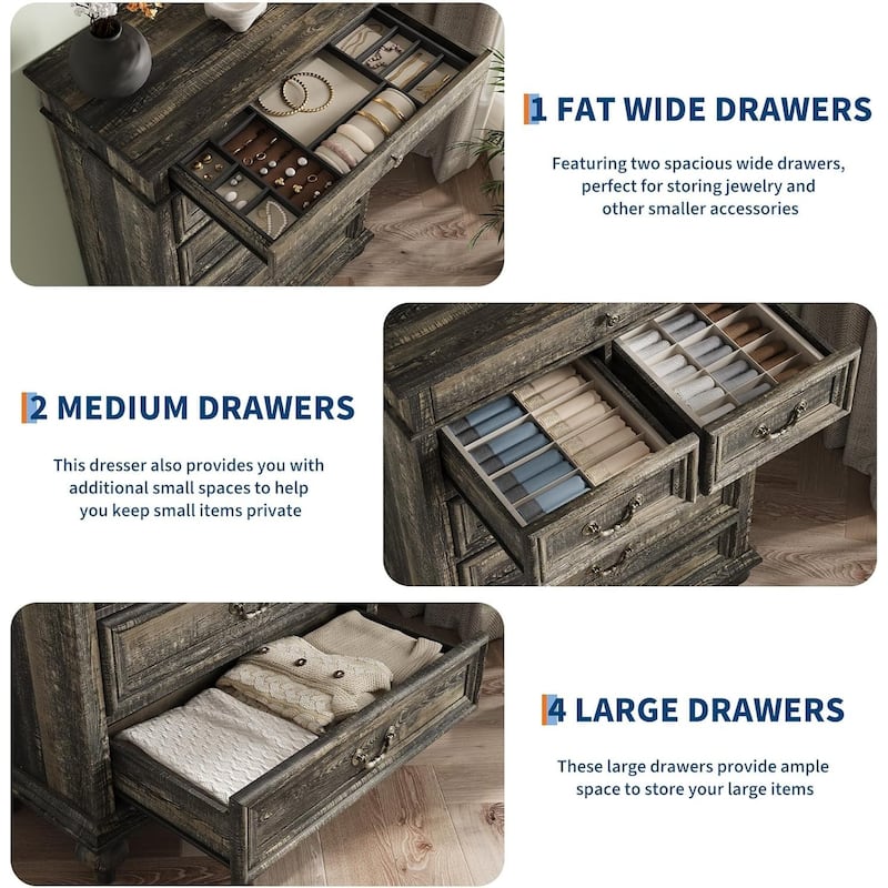 7/9 Drawer Dresser with Jewelry Storage, Rustic Wood Chest with Metal Handles, Vintage Storage Organizer