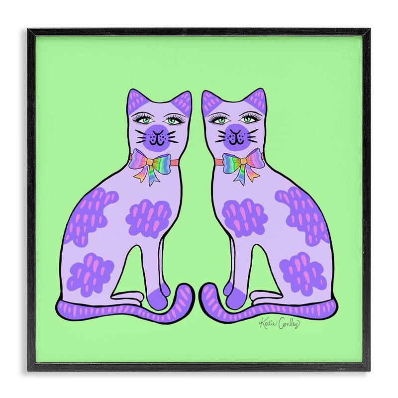Stupell Purple Cats on Green Framed Giclee Art Design By Katie Conley - 17 x 17 - Black