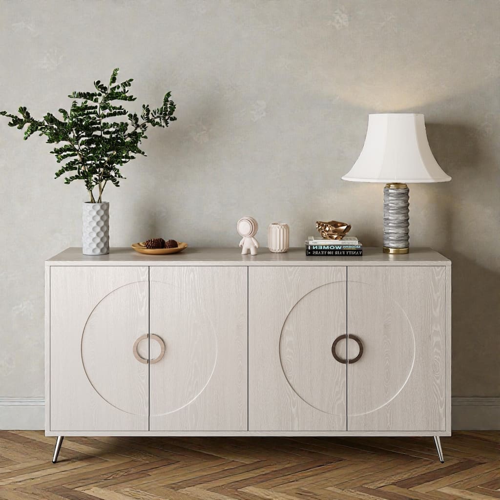 Modern Champagne Silver Lacquered 4-Door Sideboard Buffet with Adjustable Shelves, Engineered Wood Storage Cabinet
