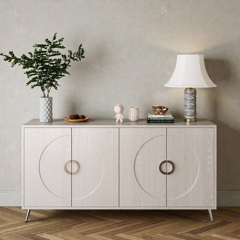 Modern Champagne Silver Lacquered 4-Door Sideboard Buffet with Adjustable Shelves, Engineered Wood Storage Cabinet - Champagne Silver