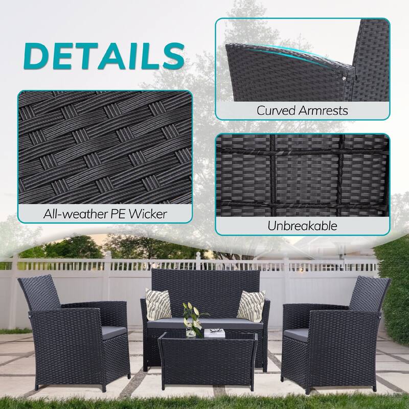 4-Piece Outdoor PE Wicker Sectional Sofa Set with Washable Cushions