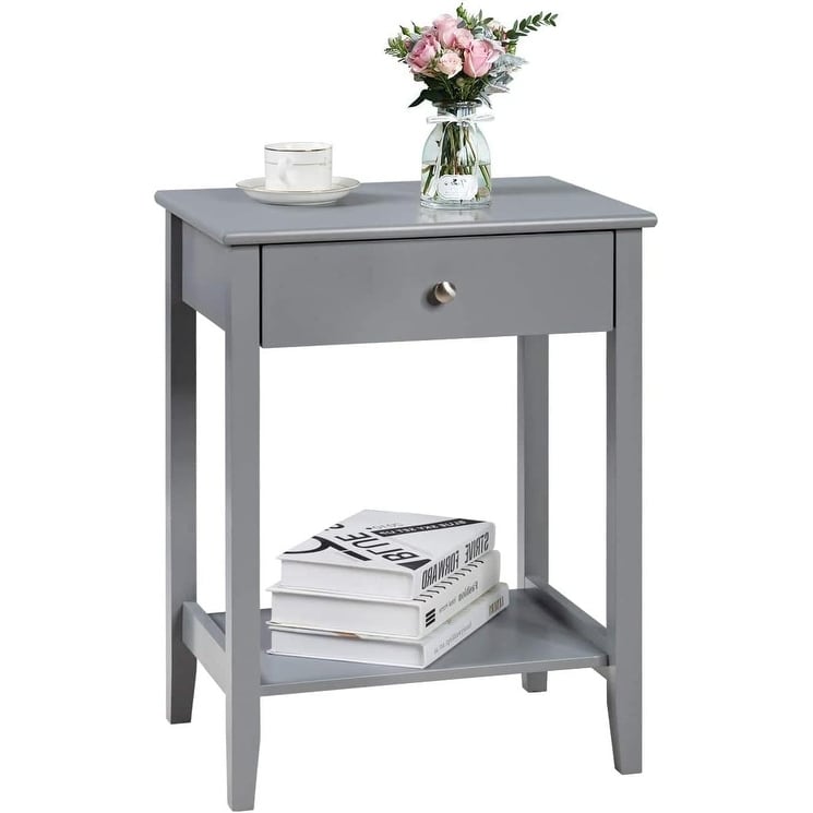 Modern 2-Tier Nightstand with Drawer and Open Shelf, Solid Wooden Legs, Grey