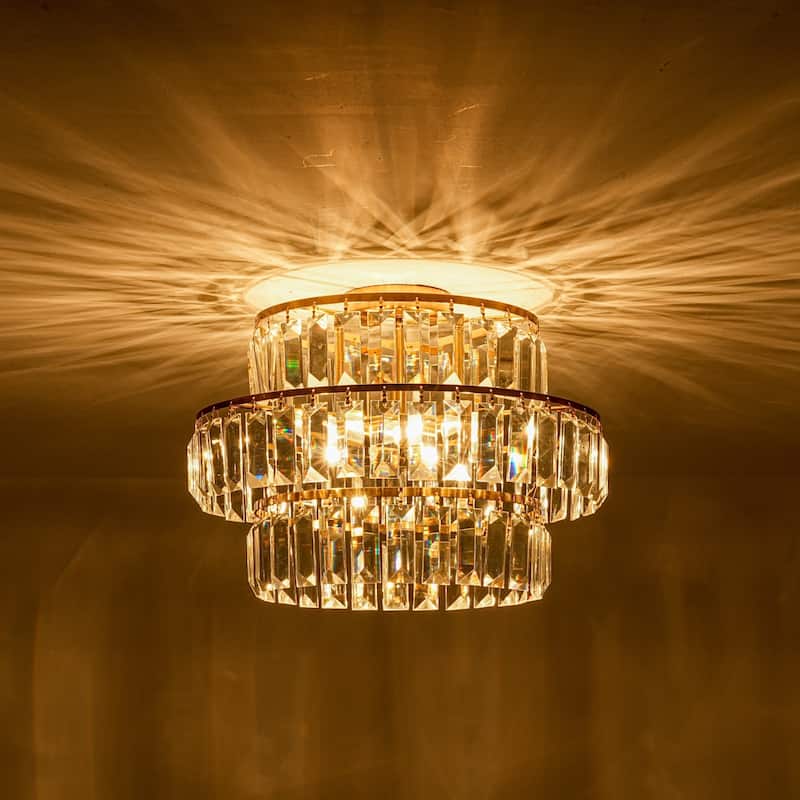 4-Light Modern 3-Tier Crystal Flush Mount Ceiling Light - Glamorous Metal Ring Ceiling Fixture for Bedroom - 17.7 in. W x 11.8 in. H - Gold
