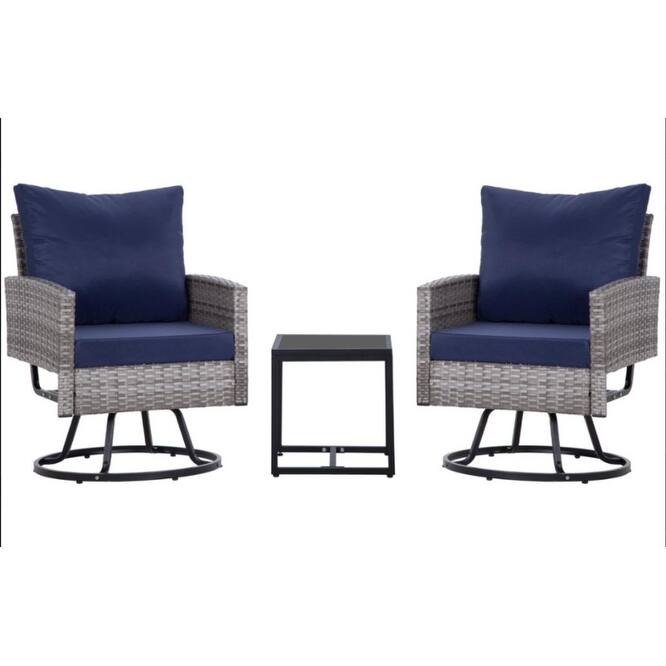 3-Piece Wicker Patio Furniture Set - Gray + Blue