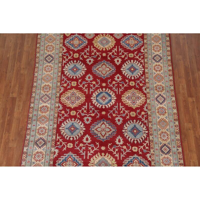 Hand Knotted Oriental 100% Wool Carpet Traditional All-Over Red Kazak Area Rug - 9' 2'' X 5' 11''