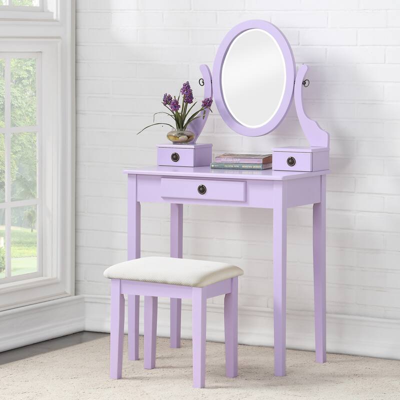 Bedroom Makeup Vanity Desk and Stool Set, Vanity Set Includes Dressing Table, Swivel Adjustable Oval Mirror and Stool - Purple