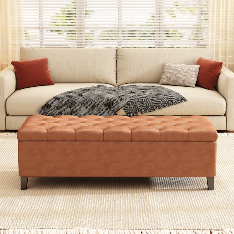 Button-Tufted PU Storage Ottoman - Cognac Brown Upholstered Accent Piece
