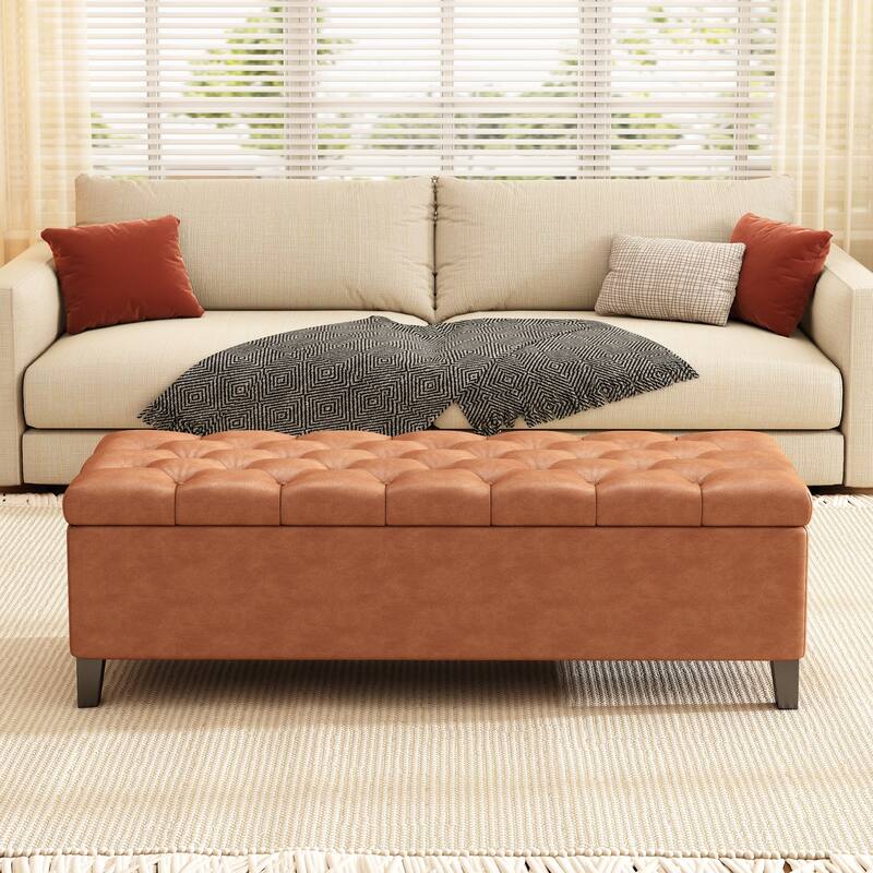 Upholstered Button Tufted Storage Ottoman, PU, Cognac Brown