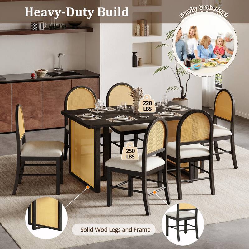 7-Piece Farmhouse Dining Table Set for 6 - 59.8" Rectangular Table with Distressed Oak Veneer & 6 Rattan Chairs