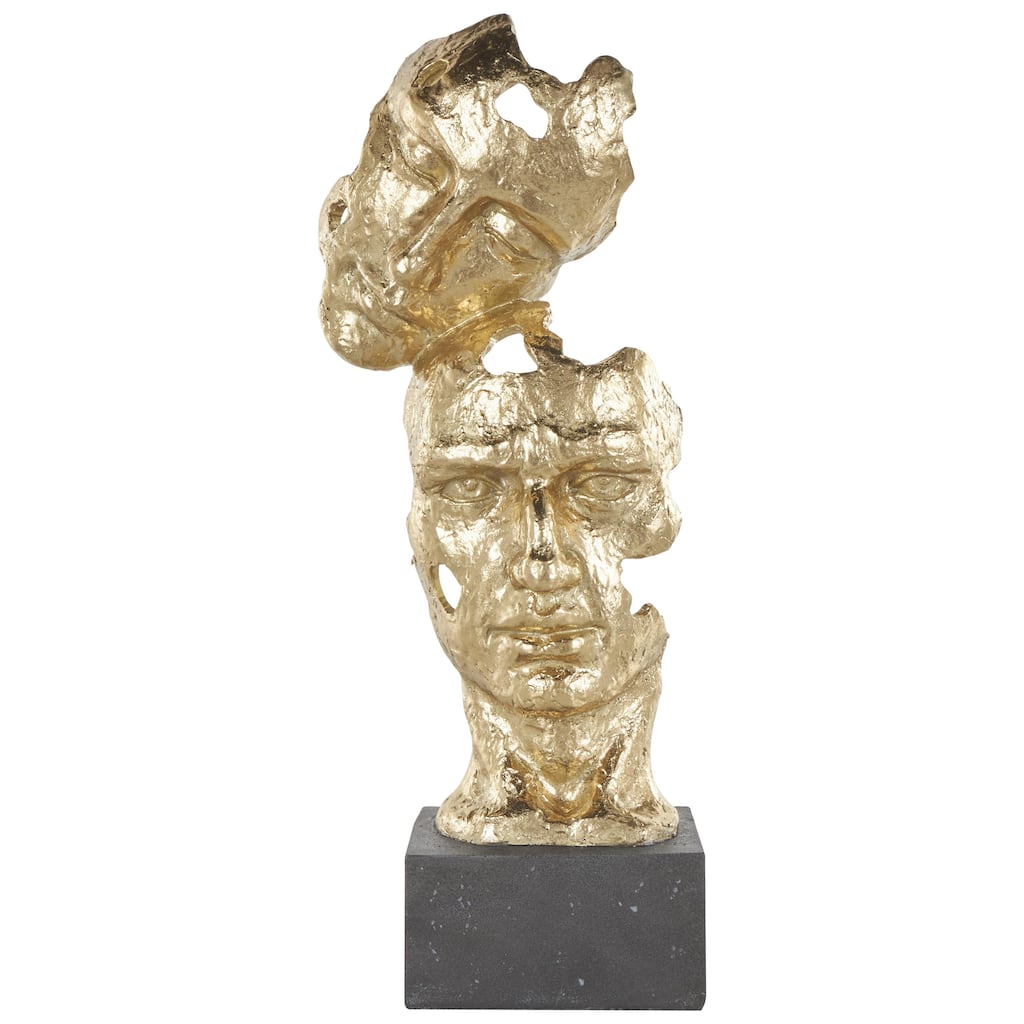 Polystone Mask Stacked Face Cutout Decorative Sculpture with Black Block Base - Gold - Roche River Decor
