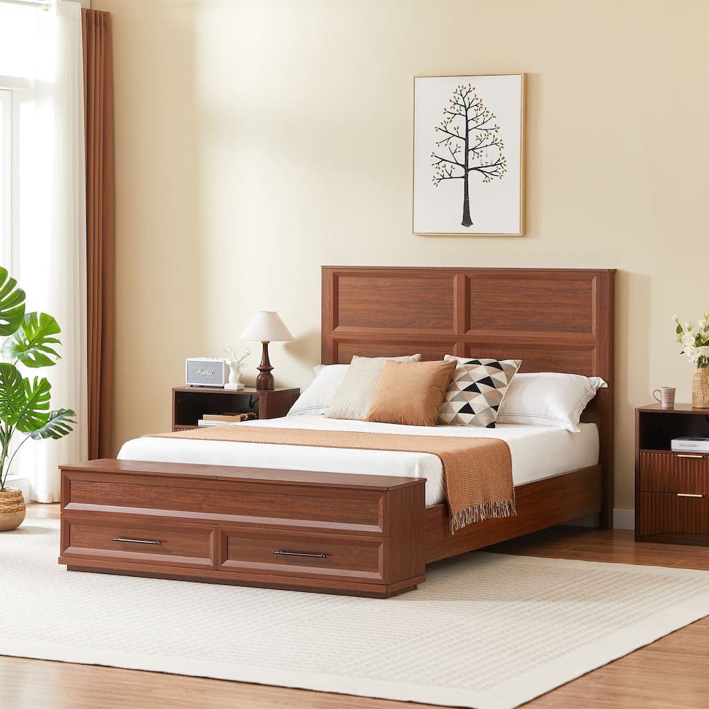 Queen Size Bed with 3D Geometric Headboard & Storage Bench - 4-Drawer Storage, Modern Bedroom Furniture