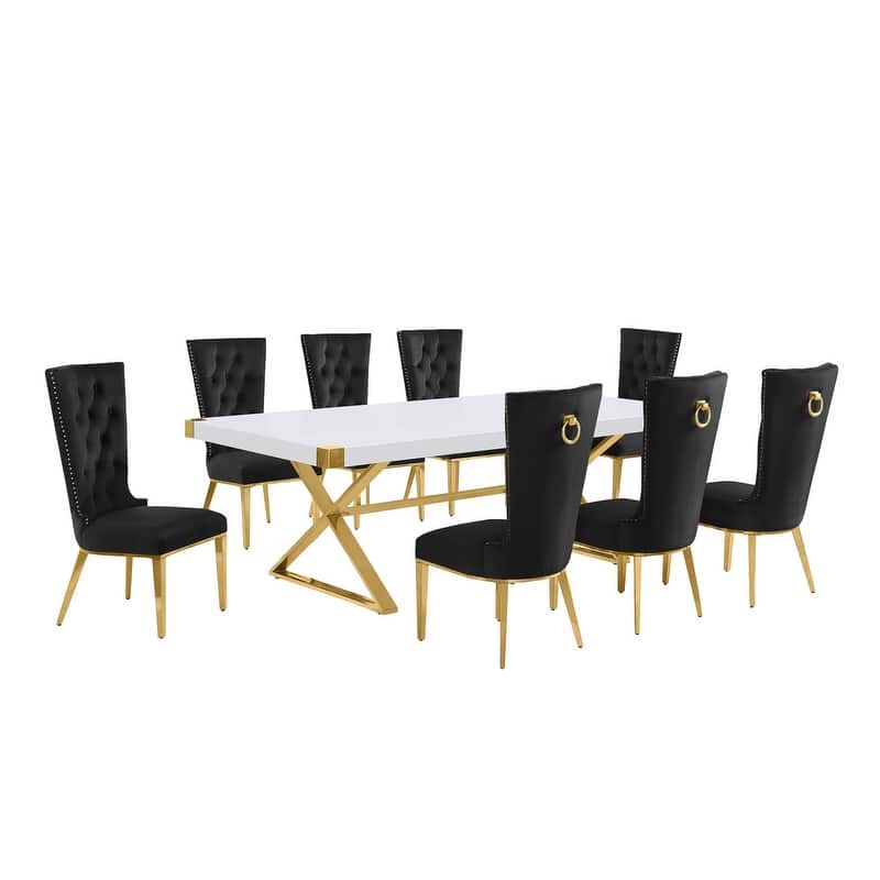 Best Quality Furniture D442/3-SC330-7 Dining Set with 94" White Lacquer Wood Top