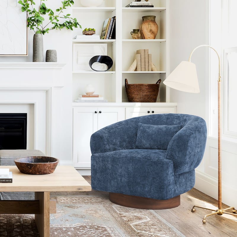 Modern Swivel Barrel Accent Chair with Solid Wood Base with Chenille Upholstery Armchair - Dark Blue