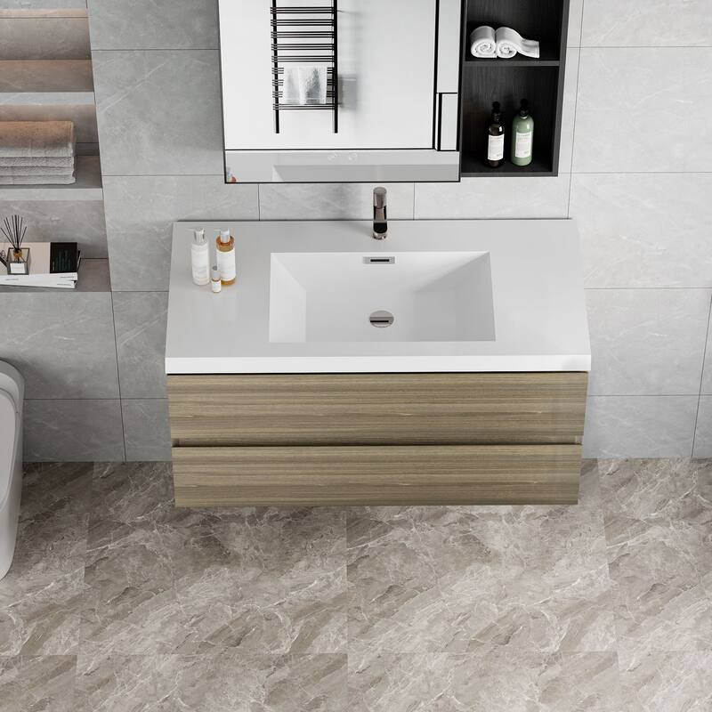 42" Floating Bathroom Vanity with Sink - Ash Grey Wall-Mounted Cabinet, Resin Countertop, Soft-Close Drawers