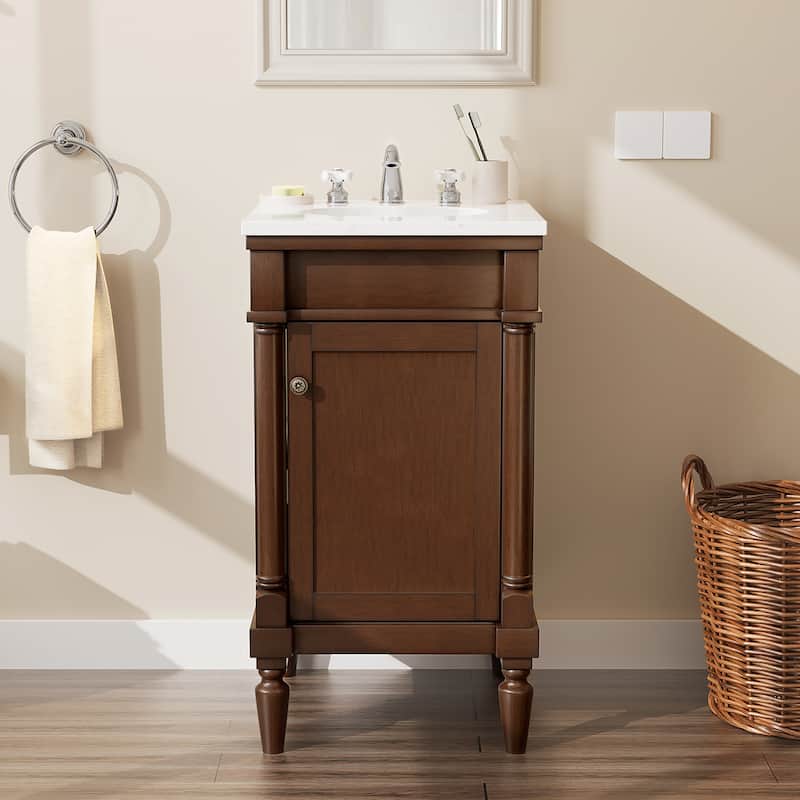 19-Inch Vintage Solid Wood Bathroom Vanity with Sink – Compact Design for Small Spaces - Brown