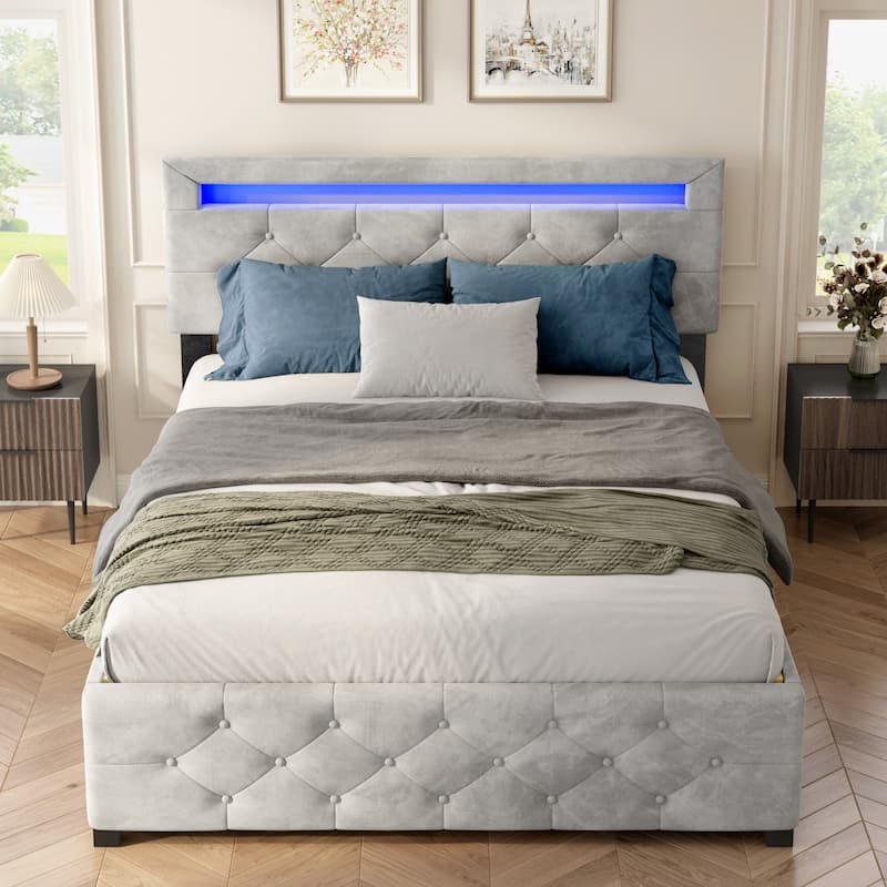 Queen Size Upholstered Platform Bed with Storage Drawers and LED Lighting
