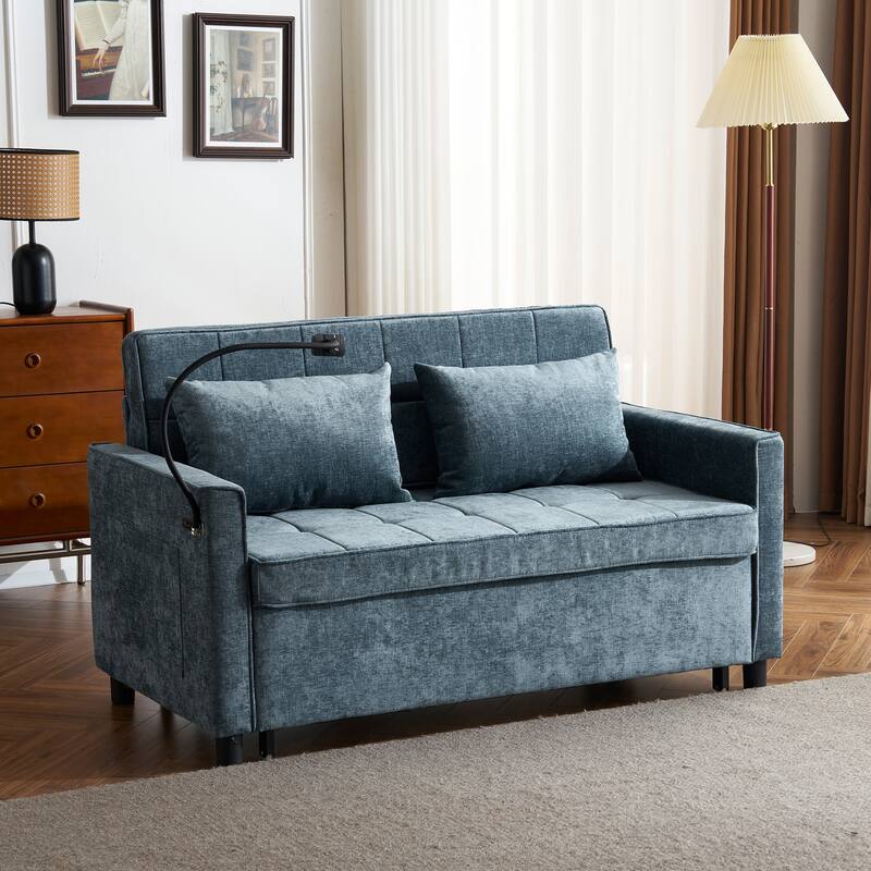 Roomfitters Loveseat Pull-Out Sofa Bed with Reversible Backrest Cushion, Side Pockets, USB Ports, and Phone Holder