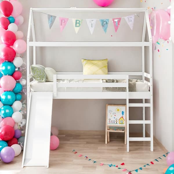 slide 2 of 42, Twin Size Modern Loft Bed House Bed With Slide,Sturdy Construction