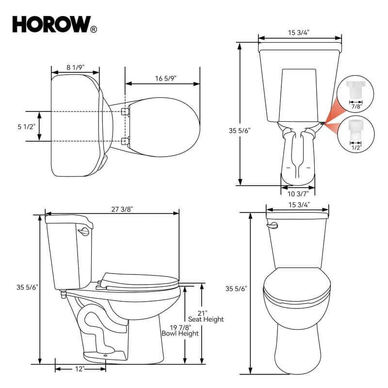 HOROW 21 in. Tall 2-Piece Round Toilet in White with Comfortable Chair Height Seat and 1000g Powerful Flush - 21 Inch