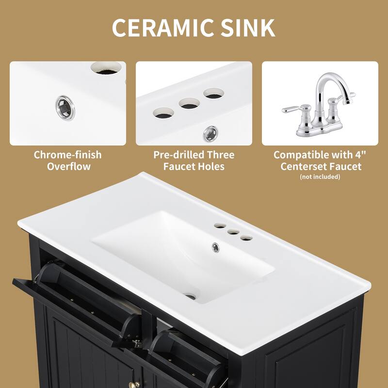 Roomfitters 36" Bathroom Vanity with Sink, Solid Wood Frame, 2 Flip Drawers & Soft-Close Cabinet with Door Rack