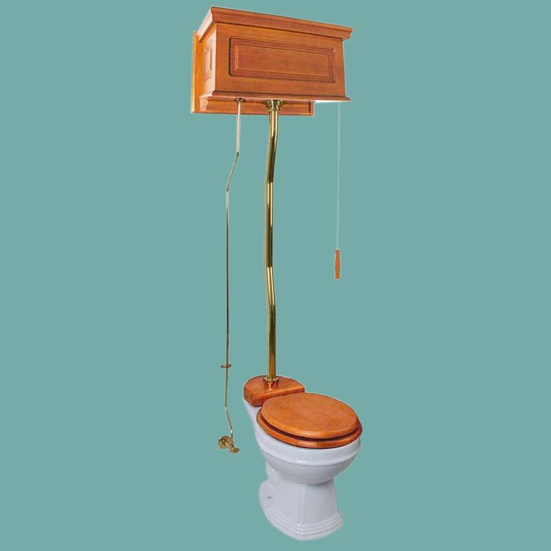 Light Mahogany Wooden High Tank Toilet Raised Tank, Brass Z Pipe and Round White Bowl