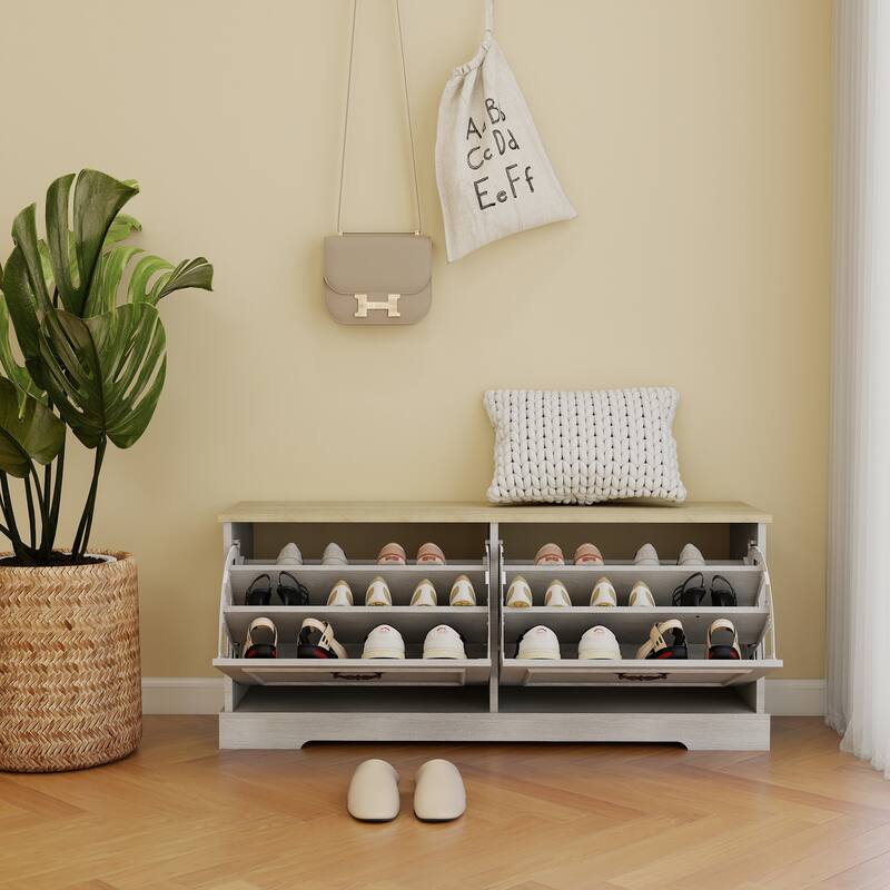 17.71 in. H x 41.33 in. W Antique White Shoe Cabinet with 2 Flip Drawers and Adjustable Shelf