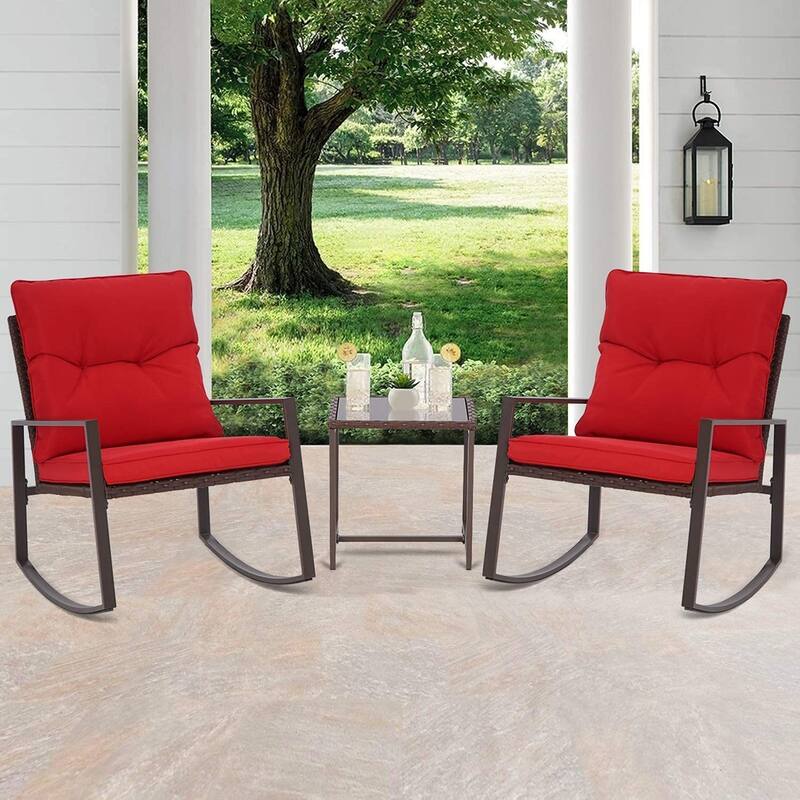 SUNCROWN 3-piece Outdoor Patio Brown/Black Wicker Rocking Chairs Conversation Bistro Set