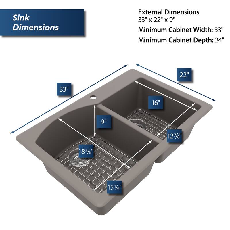 Karran Drop-In Quartz 33 in. 1-Hole 60/40 Double Bowl Kitchen Sink Kit
