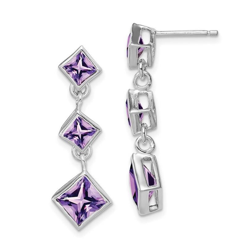 Curata 925 Sterling Silver 35x10mm Princess Amethyst Drop Dangle Earrings