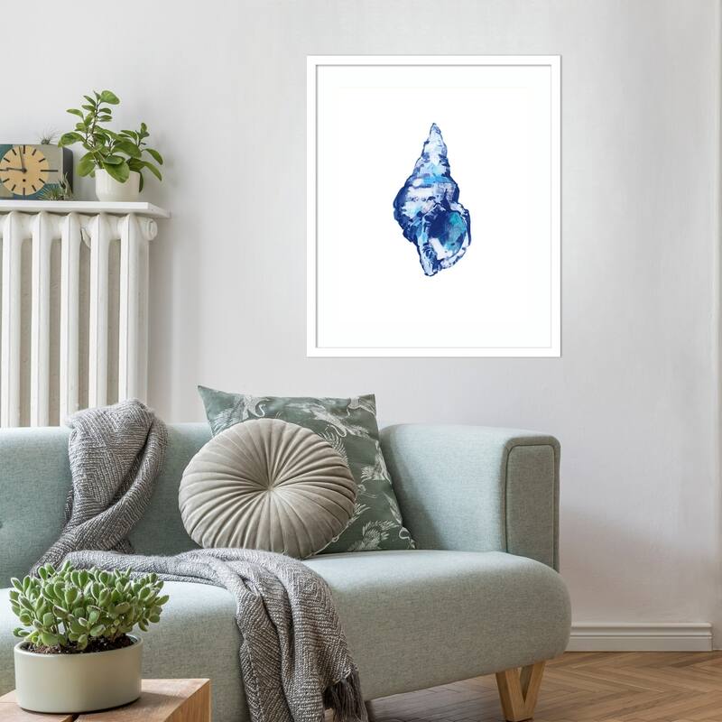 Blue Seashell On White Background No. 2 by Cartissi Wood Framed Wall Art Print