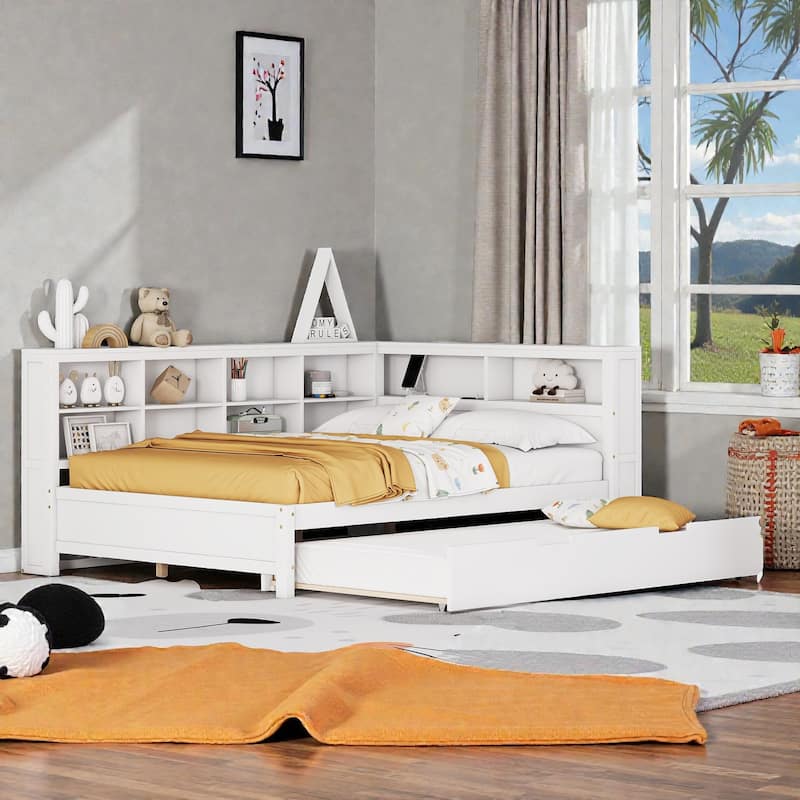 Twin/Full Wooden Daybed with Twin Trundle, Storage Shelf, USB Charging Ports, Slat Support, Space-Saving Design