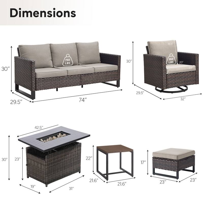 Outdoor Grey Wicker Fire Pit Table with Sofa Swivel Chairs Ottoman