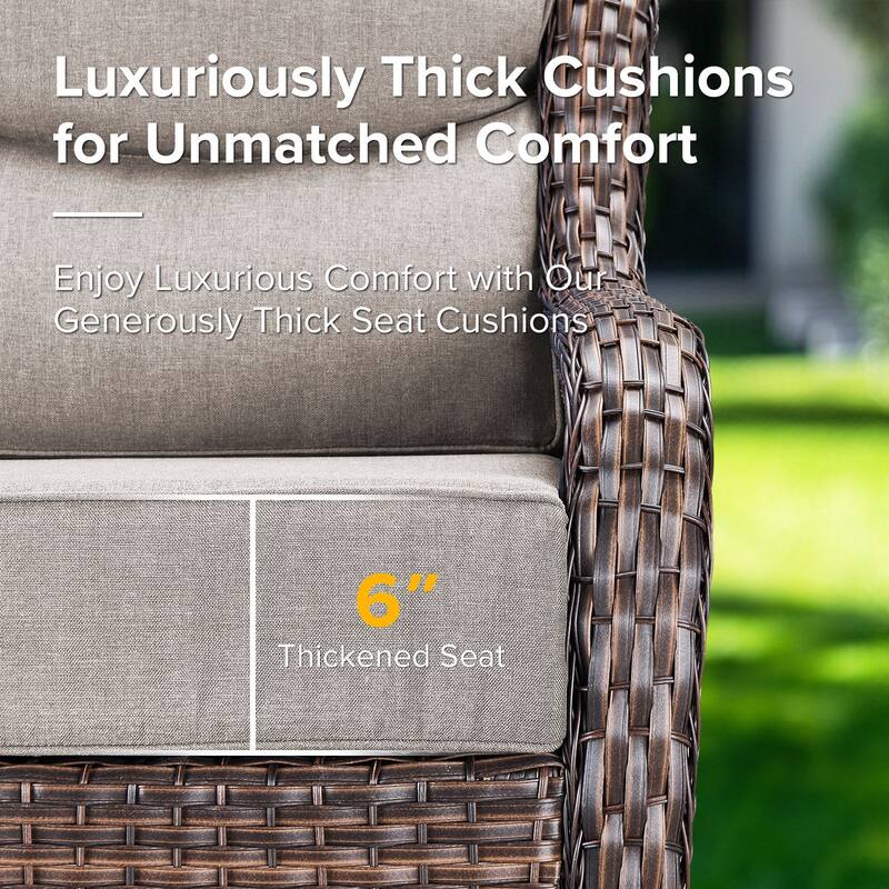 Gymojoy 7-Piece Wicker Patio Furniture Sofa Set with Fire Pit Table, 6-Inch Thick Cushion Swivel Glider Chairs & Ottomans