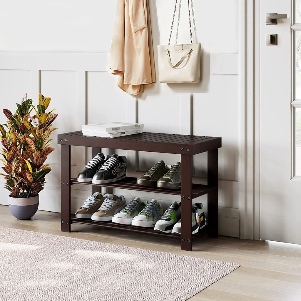 Shoe Rack Bench, 3-Tier Bamboo Entryway Storage Organizer, FrontDoor, Bedroom, Bathroom, Balcony