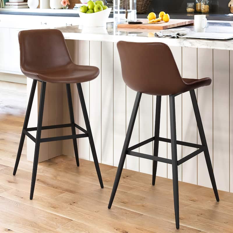 LUE BONA Metal Frame Bar Stools Counter Height Stools with Faux Leather Seat (Set of 2) - Dark Brown-30in. - Counter Height