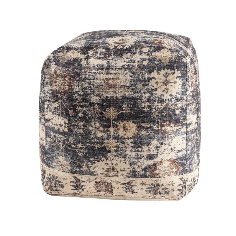 HomeRoots 18" Navy Blue and Tan Medallion Pouf Ottoman