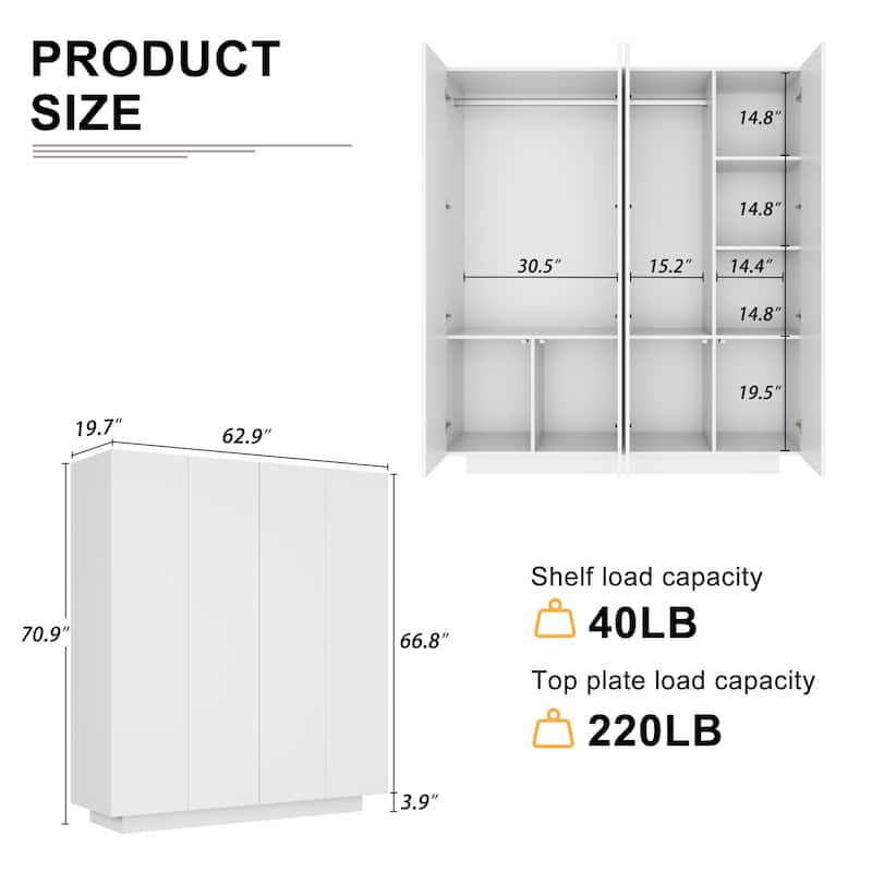 63"W Family 4-Door Wardrobe Armoire Closet Storage LED Light High Gloss - N/A