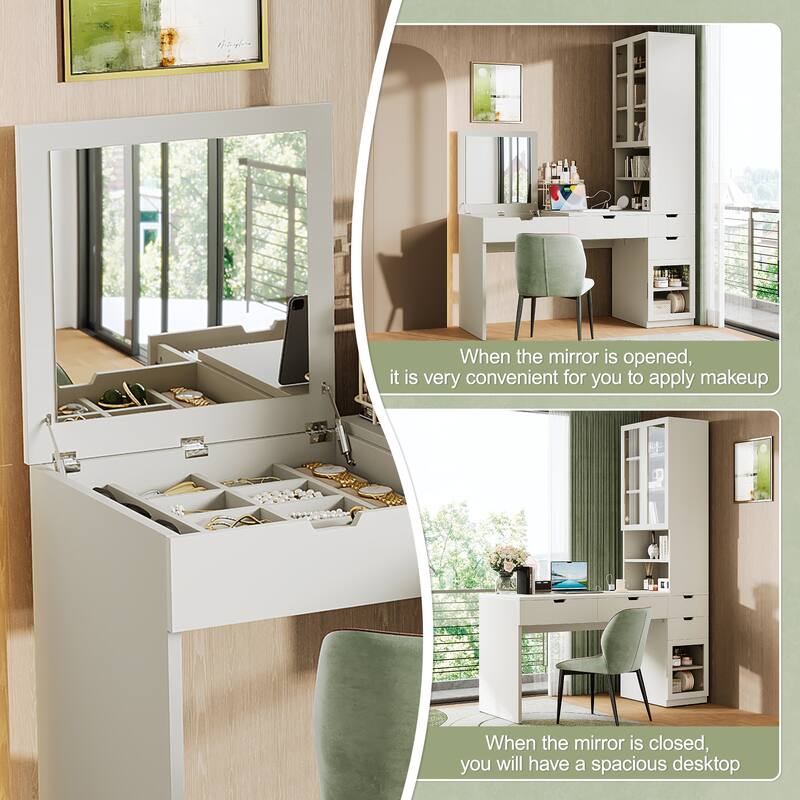 Makeup Vanity Desk with Mirror and Charging Station,with 8 Hidden Storage Compartments,3 Drawers and Open Shelves