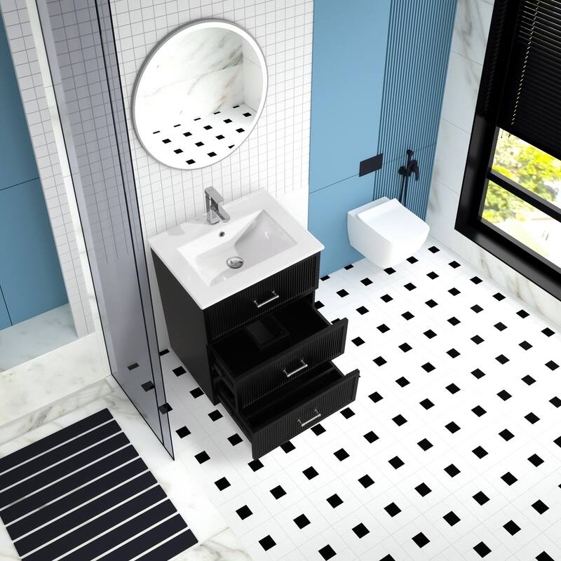 30" Freestanding Bathroom Vanity with Ceramic Sink and 2 Storage Drawers, Stylish Gray Floor Cabinet