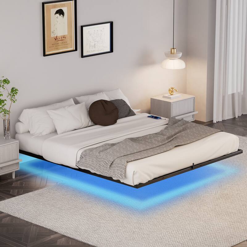 Floating Metal Platform Bed with LED & Charging Station