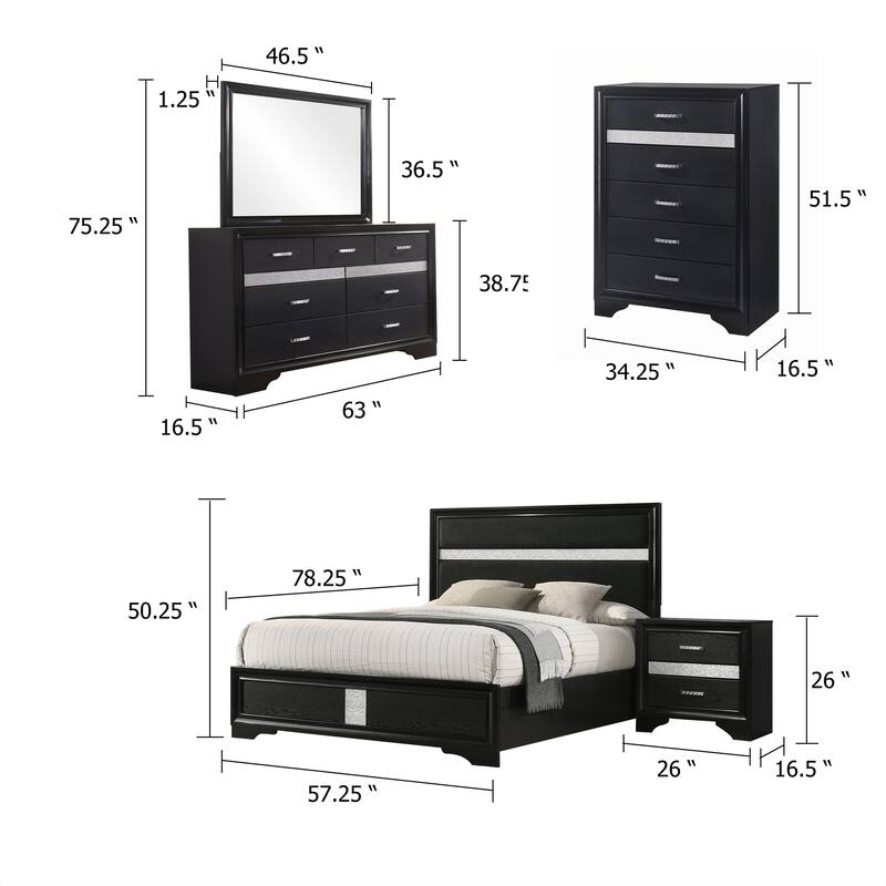 Vino Black 5 Piece Full Bed Set with Dressers, Mirror, Glitter Accent