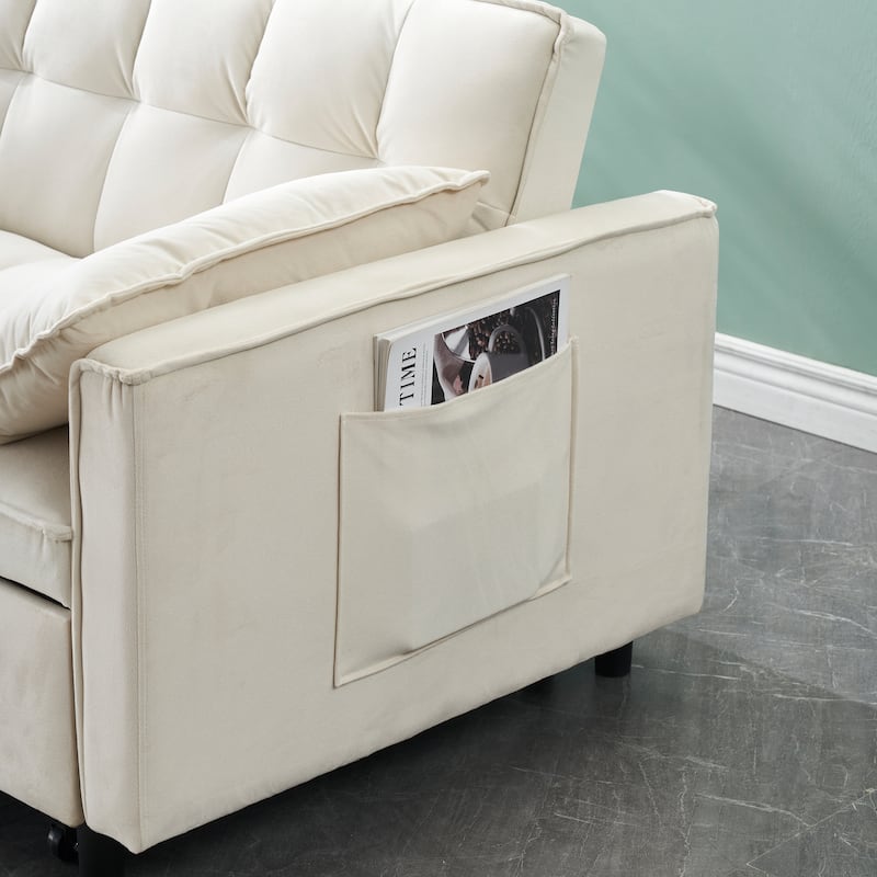 Modern velvet sofa, sofa pull-out bed, small love seat casual sofa with back, pockets, 3 in 1 convertible sleep sofa bed.