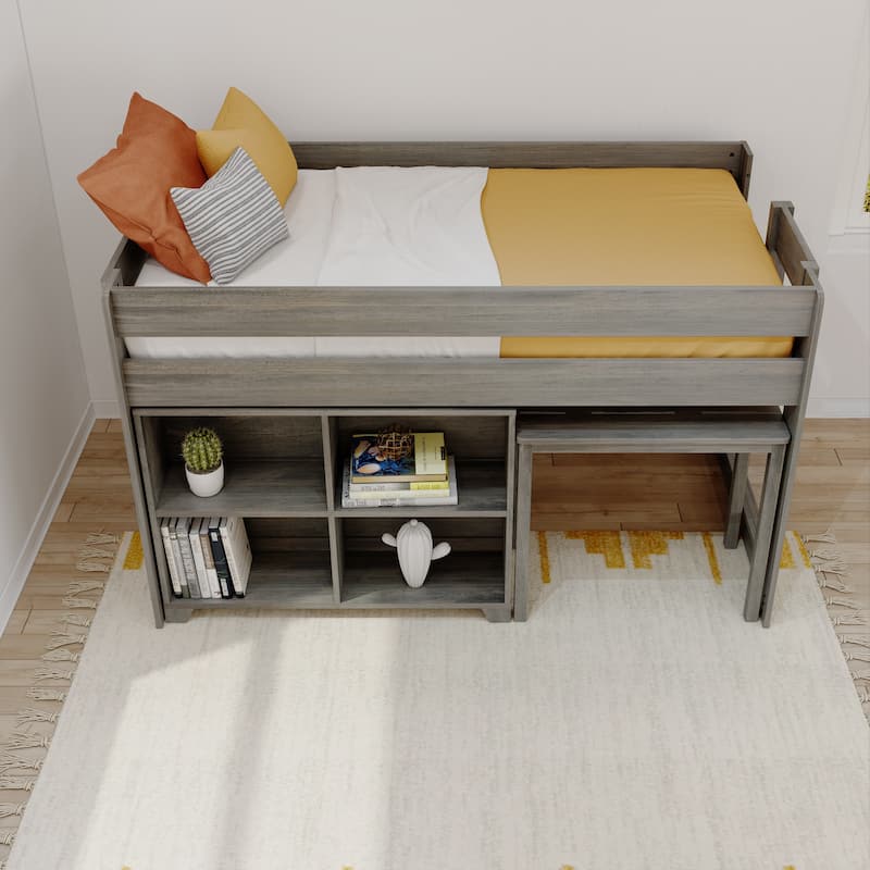 Max and Lily Farmhouse Twin-Size Low Loft with 4-Shelf Bookcase and Desk - Driftwood
