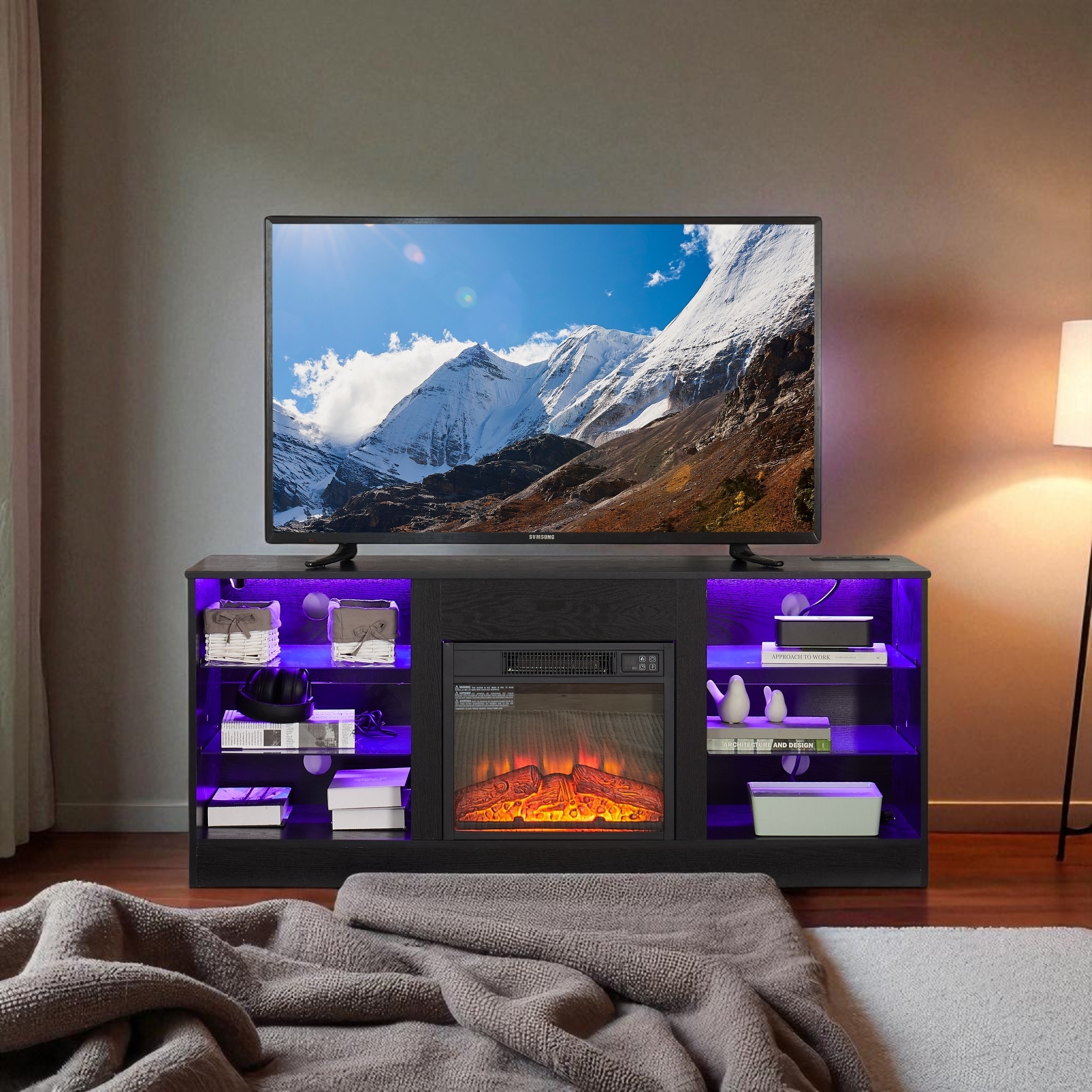 58 Inch Electric Fireplace TV Stand with LED Lights, Glass Shelves and USB Charging, Modern Media Console for TVs Up to 65 Inch