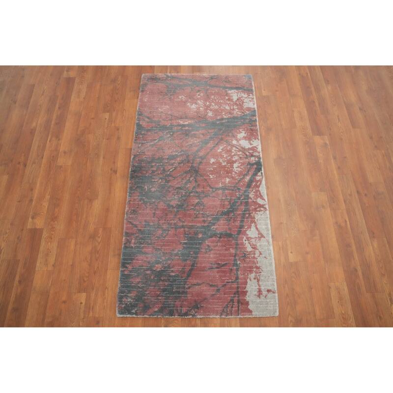Hand Knotted Oriental Viscose Silk Carpet Modern All-Over Oranges & Rust Abstract Runner Rug - 4' 7'' X 2' 4''
