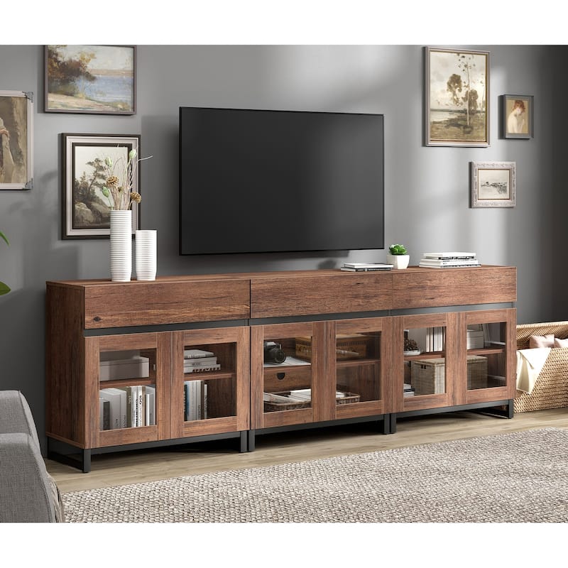 WAMPAT Modern TV Stand with Glass Doors for 110 inch TVs, Entertainment Center Console with 3 Drawers and Metal Base - 94.5 Inch - Brown