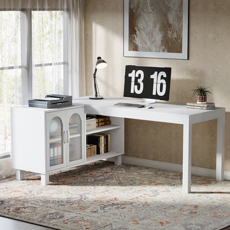 59-Inch L Shaped Desk with Storage Cabinet, Corner Executive Desk for Home Office - White