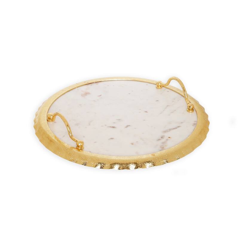 16.5"D Round Marble Tray with Gold Edge and Handles