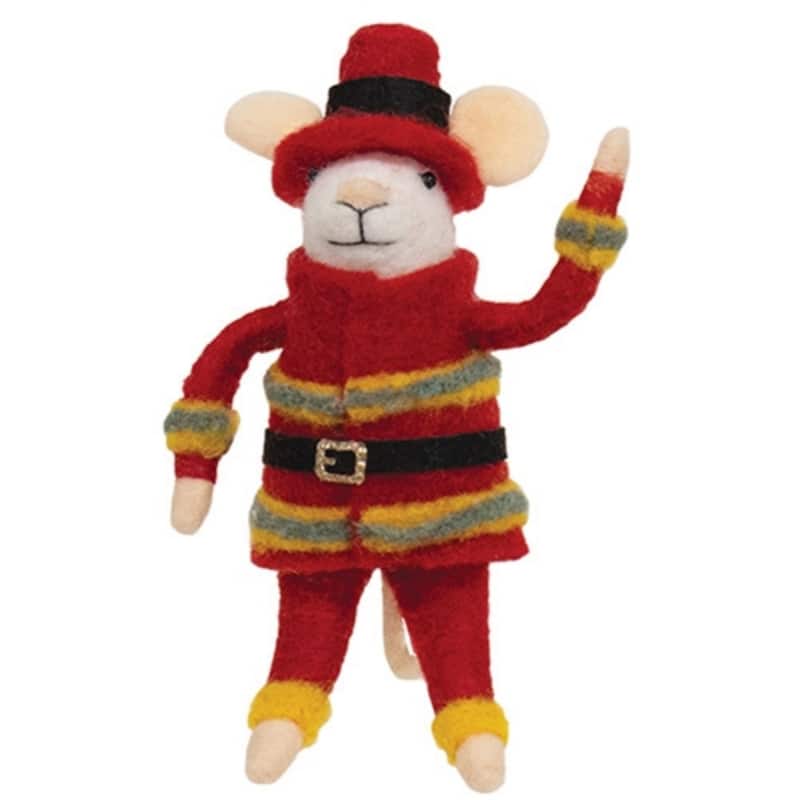 Fireman Mouse Felted Ornament Red Suit Holiday Decor - 5.5" x 3" - Multi