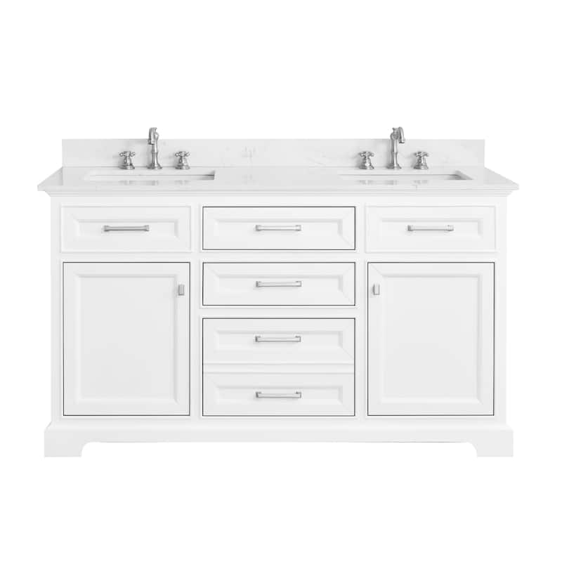 AstralLight 60 in. Double Sink Freestanding White Bath Vanity with White Quartz Stone Top - Oak Finish/Wood Finish - White